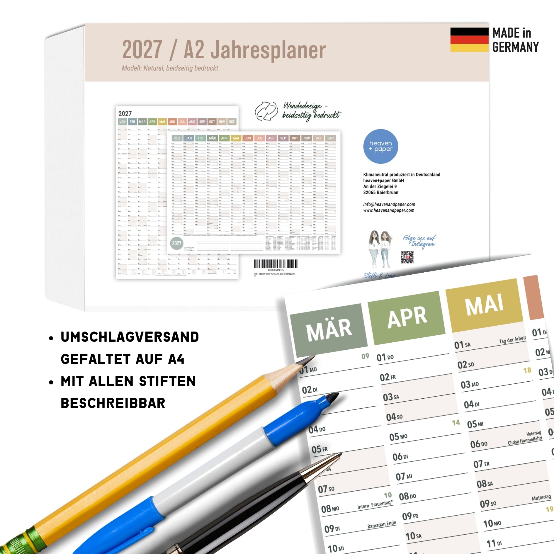 A2 Wandplaner 2027 Natural gefaltet Querformat/Hochformat