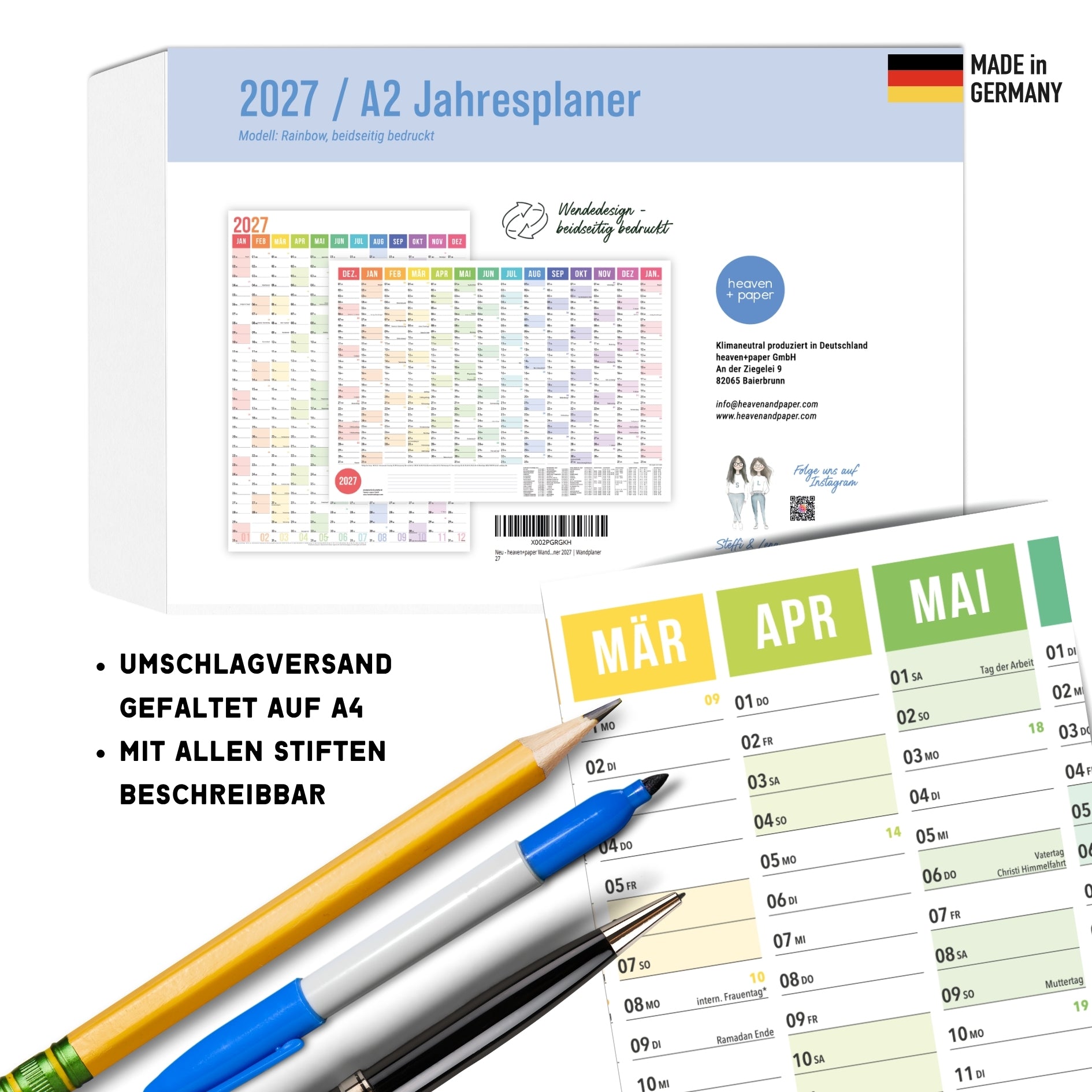 A2 Wandplaner 2027 Regenbogen gefaltet Querformat/Hochformat