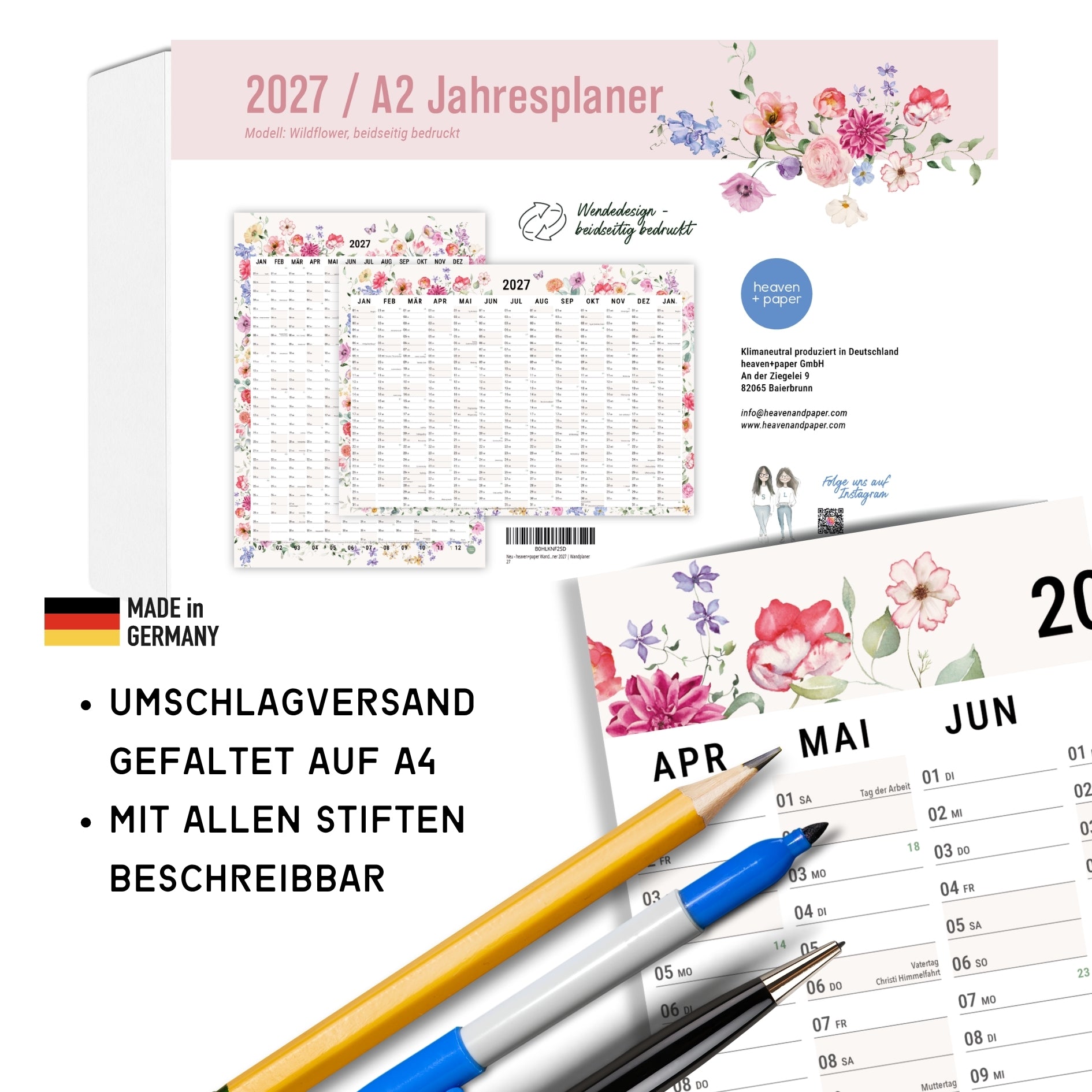 A2 Wandplaner 2027 Wildblumen gefaltet Querformat/Hochformat